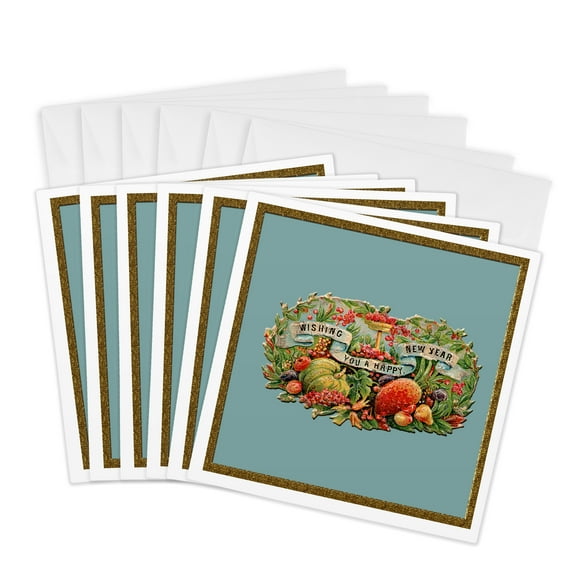 3drose, Wishing You a Happy New Year Victorian Fruit and Banner, 6 Greeting Cards with Envelopes