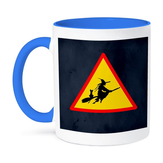3dRose, Witch Crossing with Black Cat and Broom Warning Sign, 3drsmm, 15oz Two-Tone Blue Mug