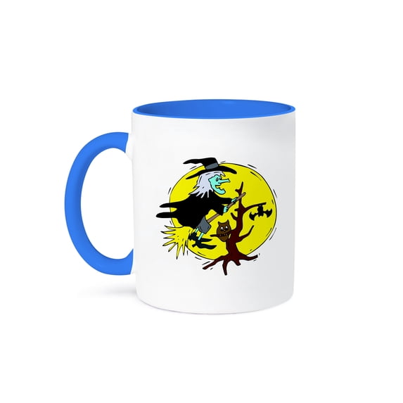 3dRose, witch flying tree yellow moon halloween , 11oz Two-Tone Blue Mug