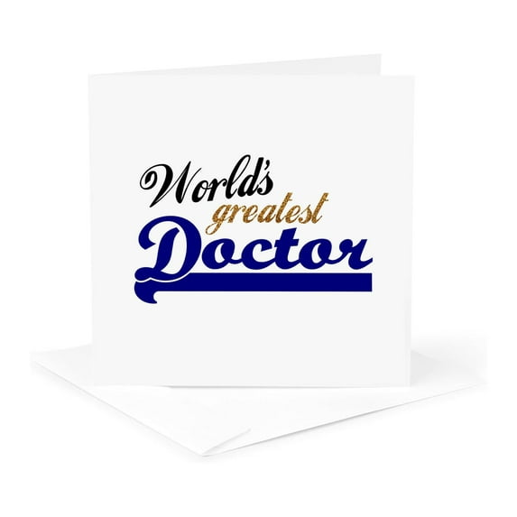 3dRose, Worlds Greatest Doctor - Best Medical practitioner in the world - blue text - Medicine MD gifts, 1 Greeting Card with envelope