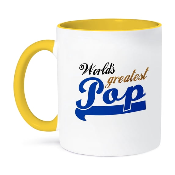 3dRose, Worlds Greatest Pop - Best dad in the world - blue text on white - great for fathers day, 15oz Two-Tone Yellow Mug