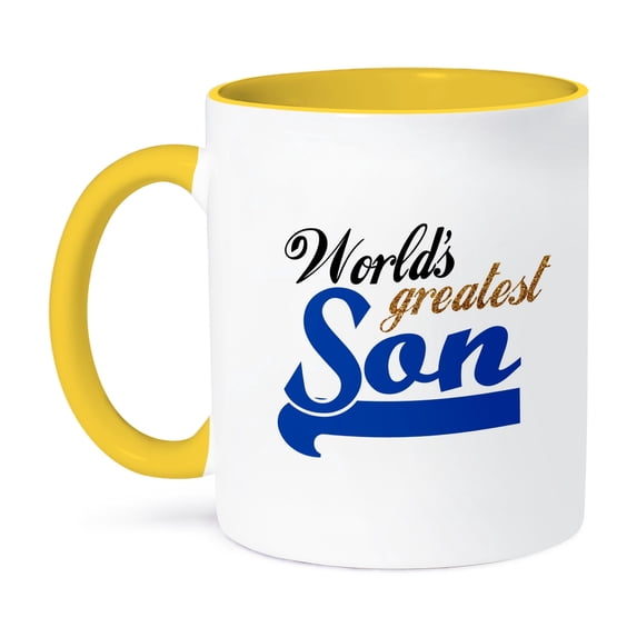 3dRose, Worlds Greatest Son - Best son in the world - blue text on white in sporty font for your little boy, 15oz Two-Tone Yellow Mug
