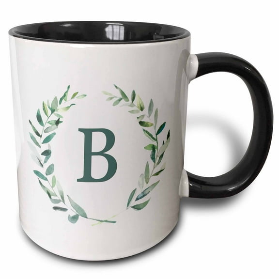 3drose, Wreath with Monogram Initial Letter B in Green on White Background., 11oz Two-tone Black Mug