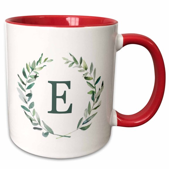 3drose, Wreath with Monogram Initial Letter E in Green on White Background., 11oz Two-tone Red Mug
