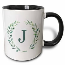 3drose, Wreath with Monogram Initial Letter J in Green on White Background., 15oz Two-tone Black Mug