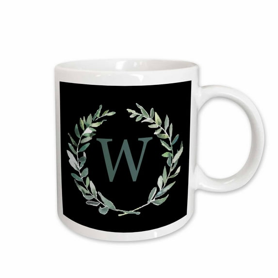 3drose, Wreath with Monogram Initial Letter W in Green on Black Background., 11oz Mug