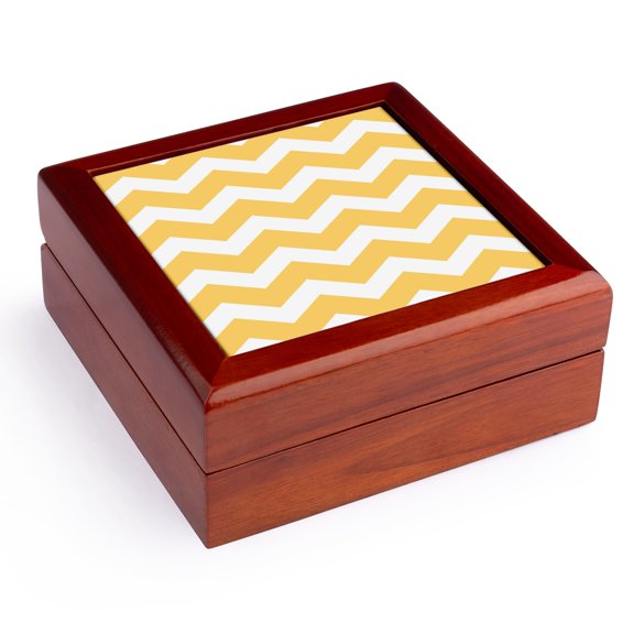 3dRose, Yellow Chevron zig zag pattern - bold mustard and white zigzags, Jewelry Box 5.5x5.5 inch with 4 inch tile