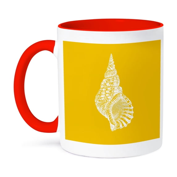 3dRose, Yellow Conical seashell print white beach sea shell spiral drawing, 11oz Two-Tone Red Mug