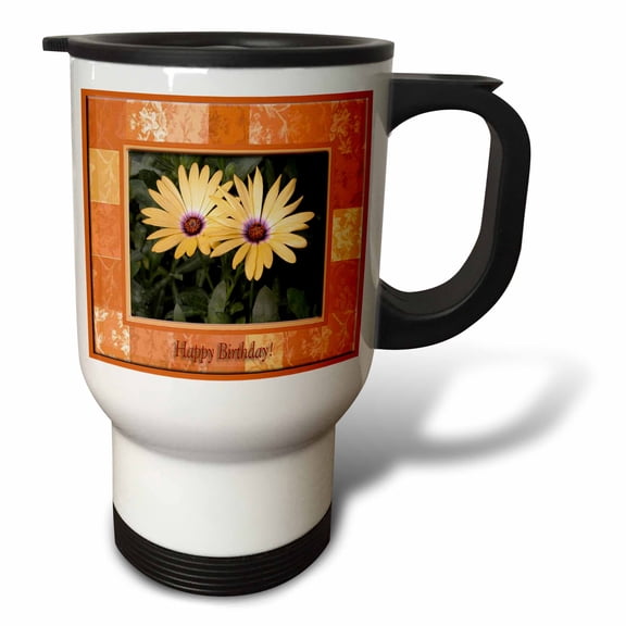 3dRose, Yellow Gerber Daisies, Happy Birthday, 14oz Stainless Steel Travel Mug
