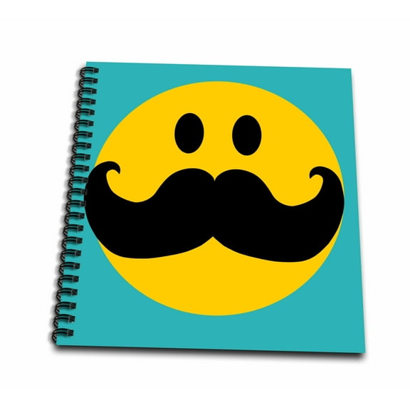 3dRose, Yellow smiling face, black mustache - teal blue turquoise - Fun, Drawing Book 8 x 8 inch