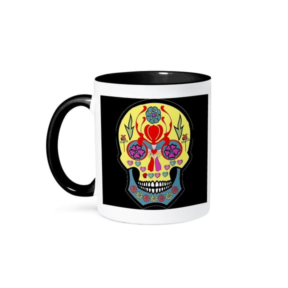 3dRose, Yellow Sugar Skull With Flowers, 11oz Two-Tone Black Mug