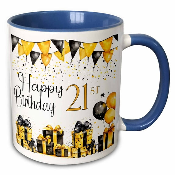 3drose, Yellow and Black Gifts and Balloons Happy 21st Birthday, 11oz Two-tone Blue Mug