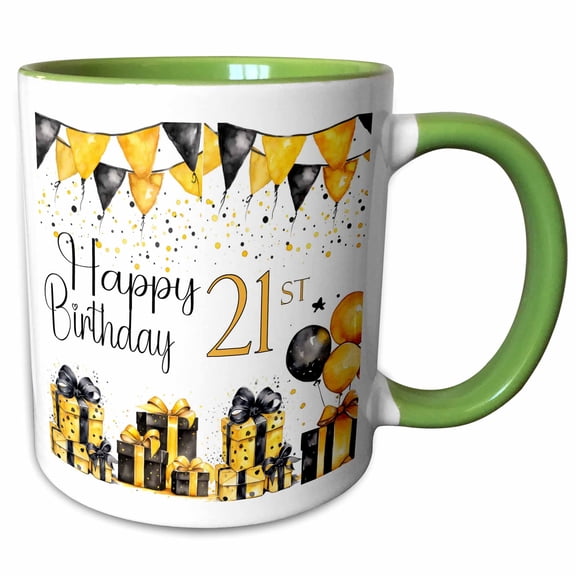 3drose, Yellow and Black Gifts and Balloons Happy 21st Birthday, 11oz Two-tone Green Mug