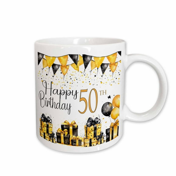 3drose, Yellow and Black Gifts and Balloons Happy 50th Birthday, 15oz Mug