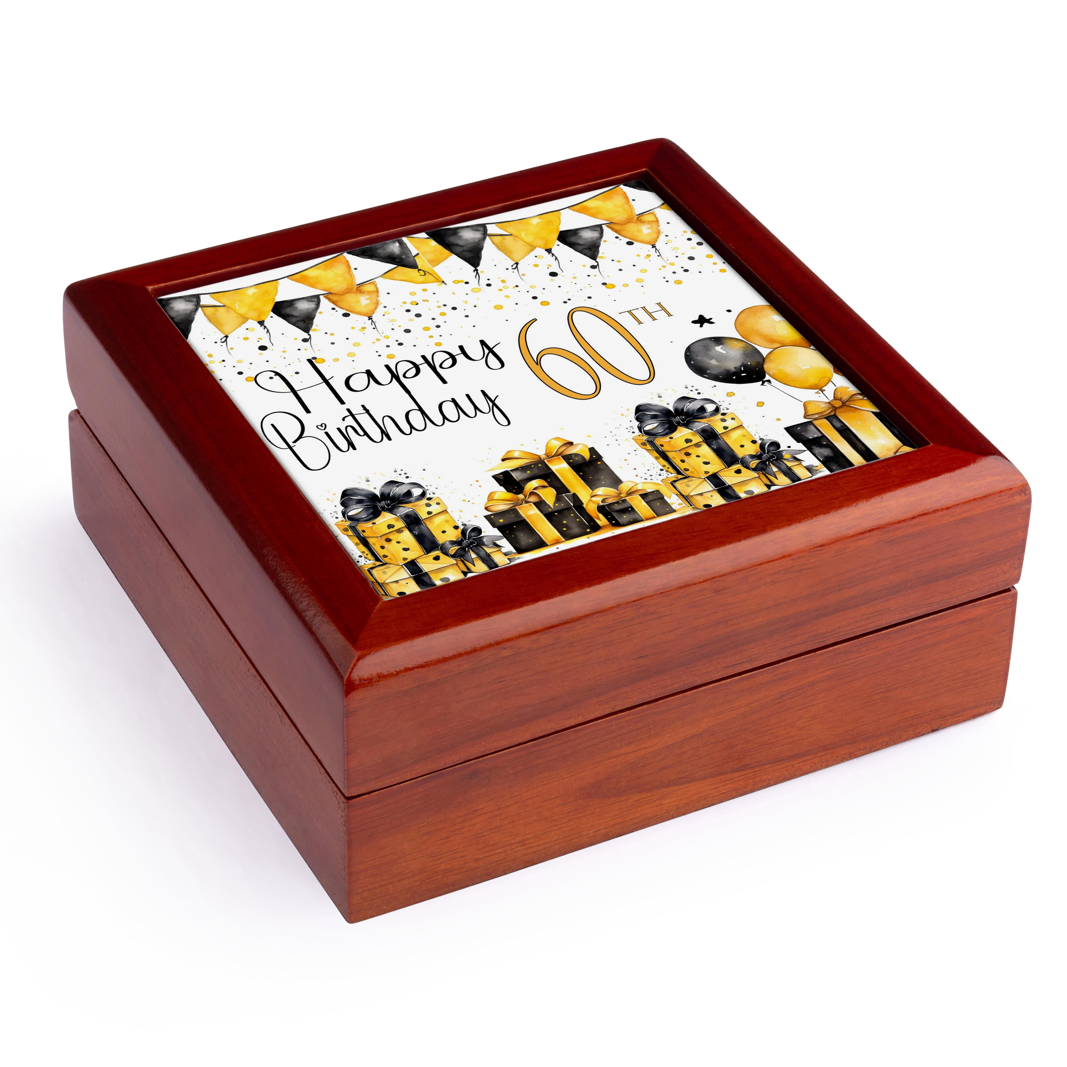 3dRose, Yellow and Black Gifts and Balloons Happy 60th Birthday, Jewelry Box 5.5x5.5 inch with 4 inch tile