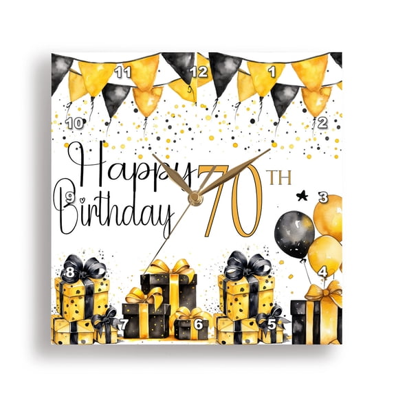 3dRose, Yellow and Black Gifts and Balloons Happy 70th Birthday, 15x15 Wall Clock
