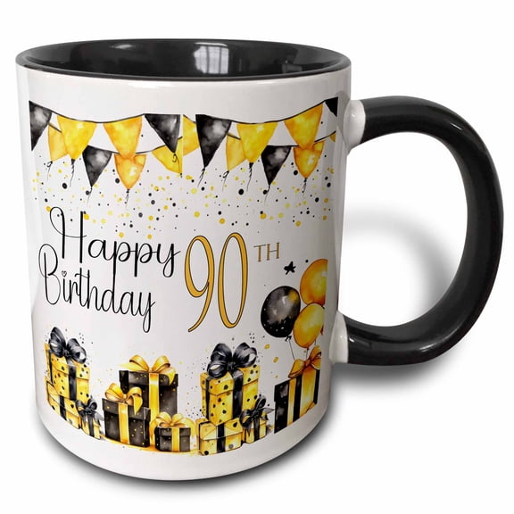 3drose, Yellow and Black Gifts and Balloons Happy 90th Birthday, 11oz Two-tone Black Mug