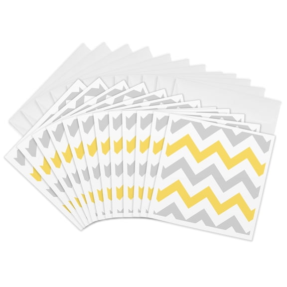 3drose, Yellow and Grey Chevron Zig Zag Pattern - Gray White Zigzag Stripes, 12 Greeting Cards with Envelopes