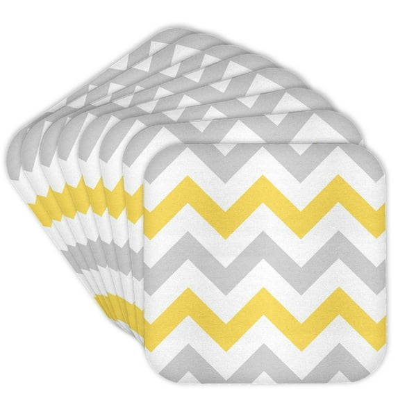 3drose, Yellow and Grey Chevron Zig Zag Pattern - Gray White Zigzag Stripes, Set of 8 Coasters - Soft