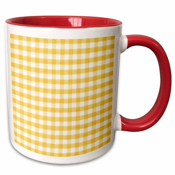 3drose, Yellow and White Gingham Pattern - Sunny Checkered Rustic Country Kitchen Checked Dining Theme Check, 11oz Two-tone Red Mug