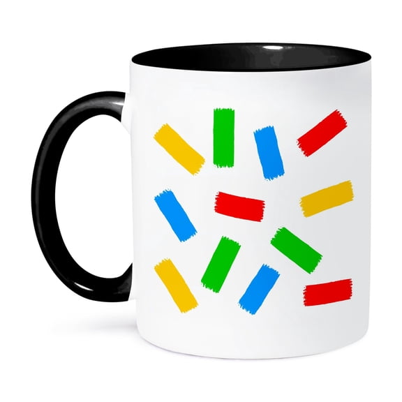 3dRose, Yellow, green, blue, red color paint brush strokes. White background, 11oz Two-Tone Black Mug