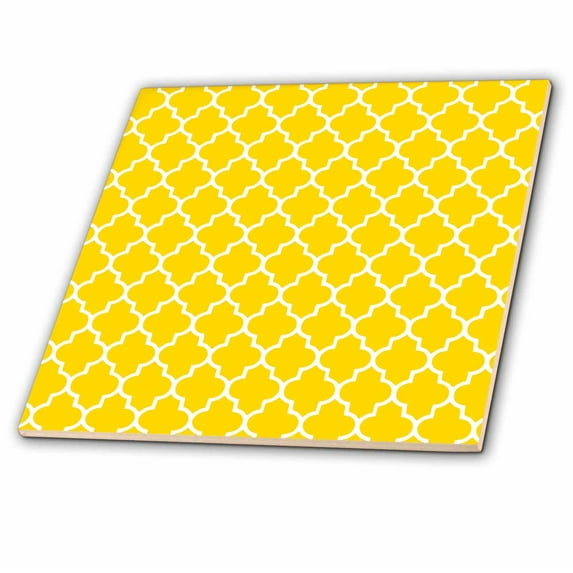 3dRose, Yellow quatrefoil pattern - contemporary Moroccan tiles - modern white geometric clover lattice, 4 Inch Glass Tile