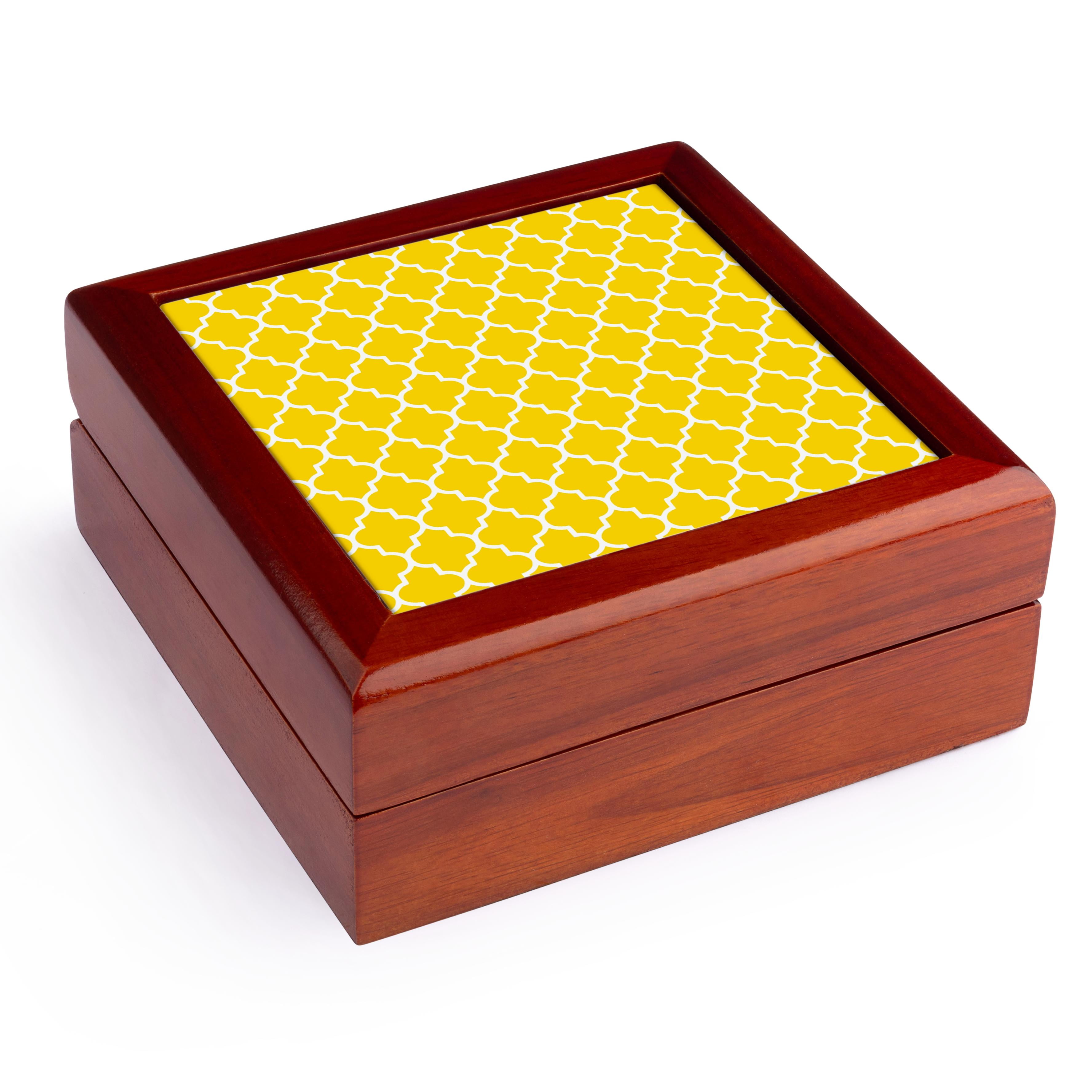 3dRose, Yellow quatrefoil pattern - contemporary Moroccan tiles - modern white geometric clover lattice, Jewelry Box 5.5x5.5 inch with 4 inch tile