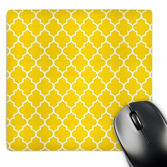 3dRose, Yellow quatrefoil pattern - contemporary Moroccan tiles - modern white geometric clover lattice, MousePad