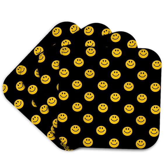 3drose, Yellow Smiling Face Pattern on Black - Cute Smile Happy Smilies - 60s Hippie Hippy Smiling Smilings, Set of 4 Coasters - Soft