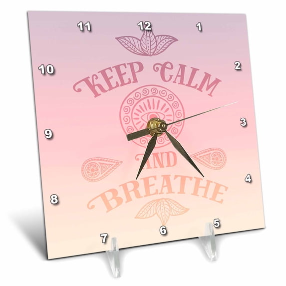 3dRose, Yoga Meditation Typography Keep Calm And Breathe In Pastel Color, 6x6 Desk Clock