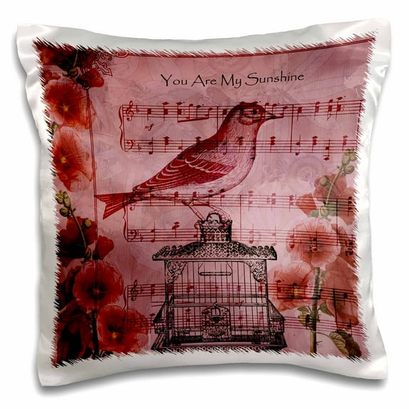 3drose, You Are My Sunshine Bird on Cage with Hollyhock Flowers, 16x16 inch Pillow Case