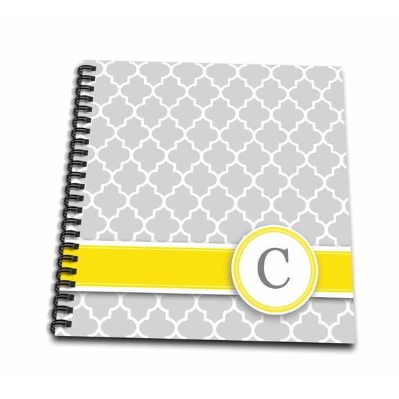 3dRose, Your personal name initial letter C - monogrammed grey quatrefoil pattern - personalized yellow gray, Mini Notepad 4 x 4 inch
