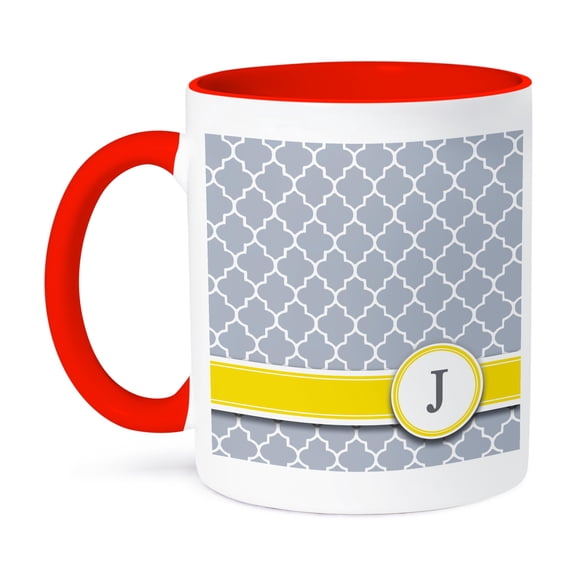 3dRose, Your personal name initial letter J - monogrammed grey quatrefoil pattern - personalized yellow gray, 11oz Two-Tone Red Mug