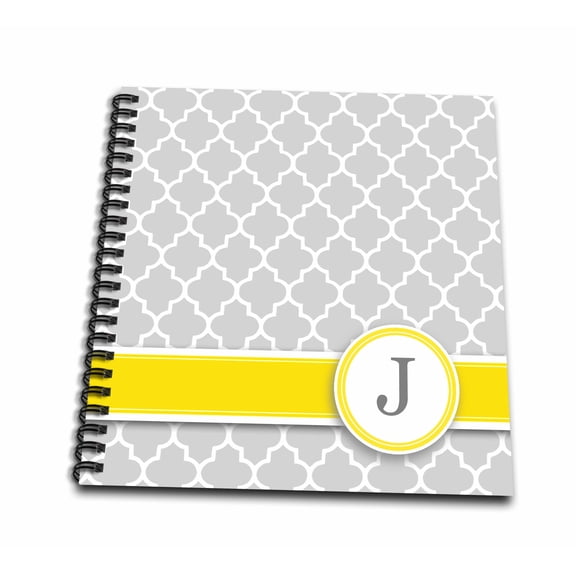 3dRose, Your personal name initial letter J - monogrammed grey quatrefoil pattern - personalized yellow gray, Mini Notepad 4 x 4 inch