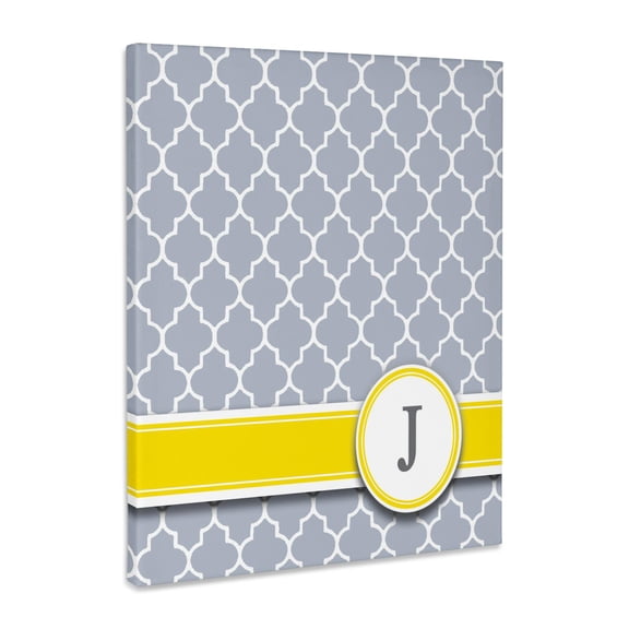 3dRose, Your personal name initial letter J - monogrammed grey quatrefoil pattern - personalized yellow gray, Museum Grade Canvas Wrap 11x14