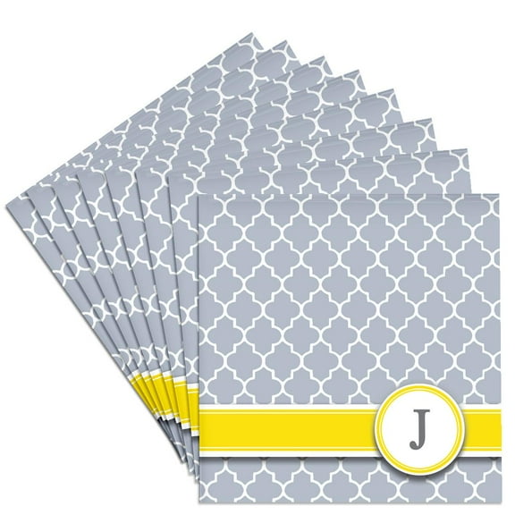 3dRose, Your personal name initial letter J - monogrammed grey quatrefoil pattern - personalized yellow gray, Set of 8 Ceramic Tile Coasters