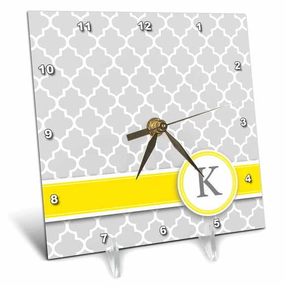 3dRose, Your personal name initial letter K - monogrammed grey quatrefoil pattern - personalized yellow gray, 6x6 Desk Clock
