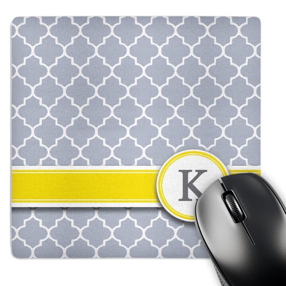 3dRose, Your personal name initial letter K - monogrammed grey quatrefoil pattern - personalized yellow gray, MousePad