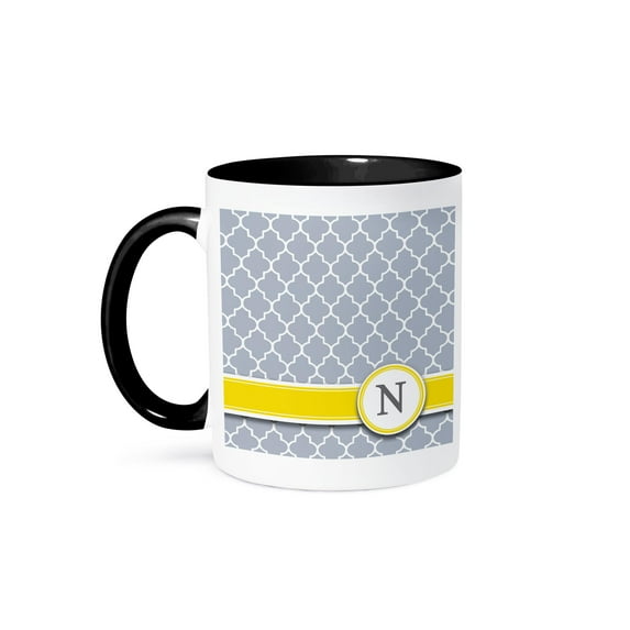 3dRose, Your personal name initial letter N - monogrammed grey quatrefoil pattern - personalized yellow gray, 11oz Two-Tone Black Mug
