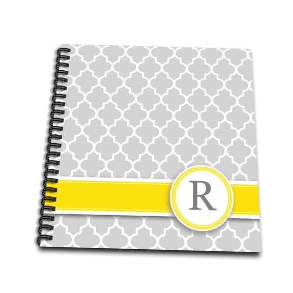 3dRose, Your personal name initial letter R - monogrammed grey quatrefoil pattern - personalized yellow gray, Memory Book 12 x 12 inch