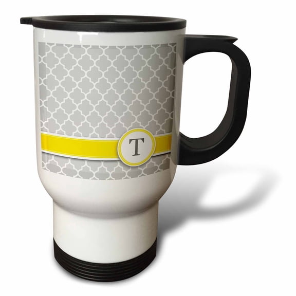 3dRose, Your personal name initial letter T - monogrammed grey quatrefoil pattern - personalized yellow gray, 14oz Stainless Steel Travel Mug