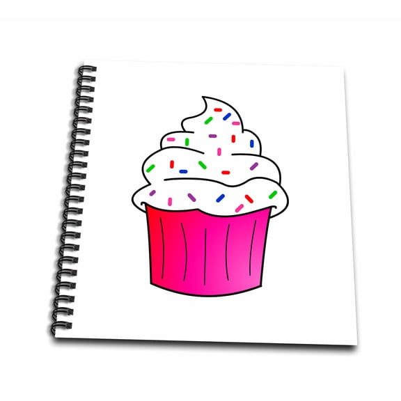3dRose, Yummy Pink Cupcake Cartoon White Frosting with Sprinkles, Memory Book 12 x 12 inch