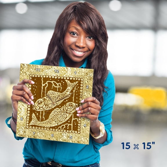 3dRose, Zodiacal Constellation Pisces, Gold and Brown Design, 15x15 Wall Clock