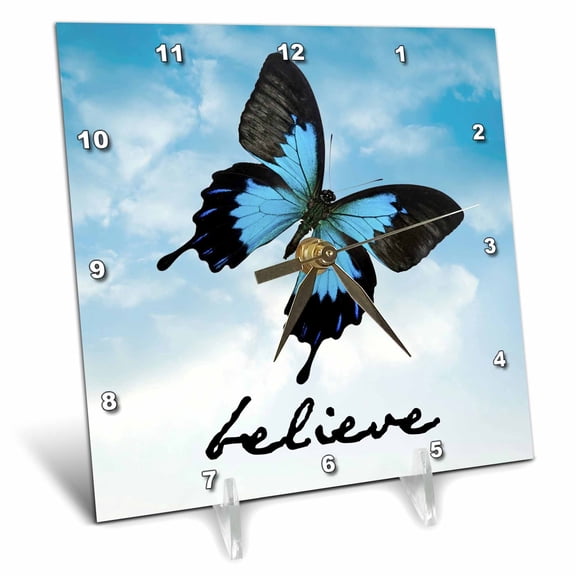 3dRose, believe black lettering with picture of butterfly on sky background, 6x6 Desk Clock