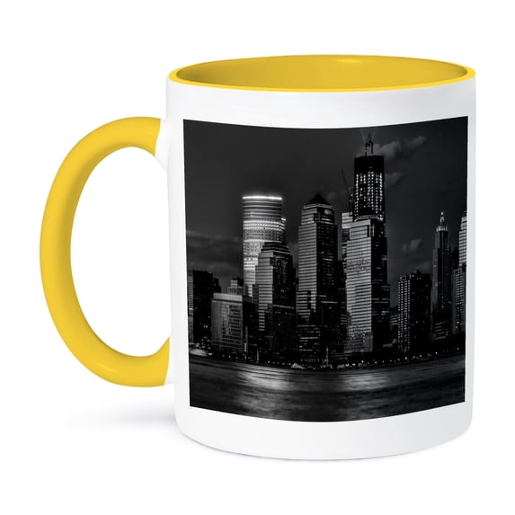 3dRose, black white skyline of Hudson River and NYC at night, 11oz Two-Tone Yellow Mug