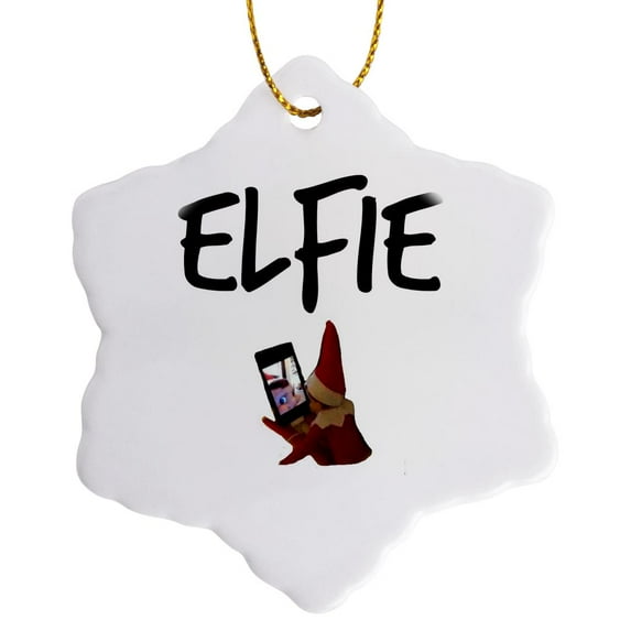 3drose, Elfie, Black Letters on White Background with Picture of Elf Selfie, 3 inch Snowflake Porcelain Ornament