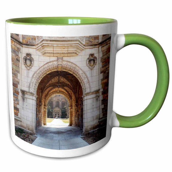 3drose, Gothic Architectural Archway Leads into Open, Grassy Campus Courtyard, 15oz Two-tone Green Mug