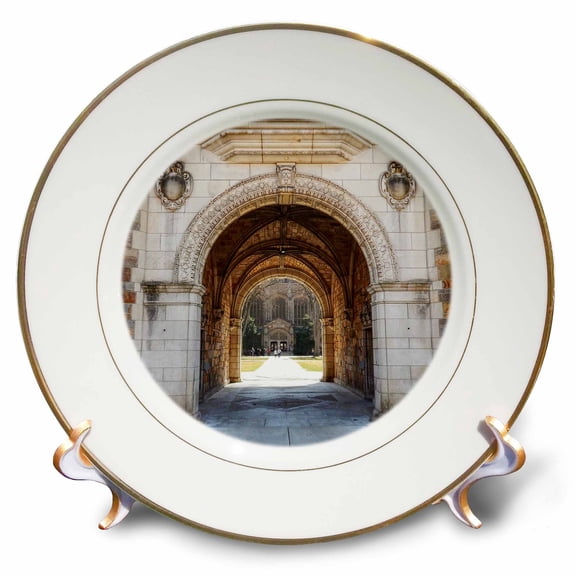 3dRose, gothic architectural archway leads into open, grassy campus courtyard, 8 inch Porcelain Plate