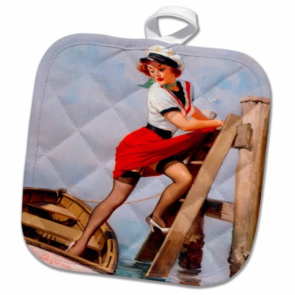 3dRose, image of famous elvgren pinup painting sailor beware, 8x8 Potholder