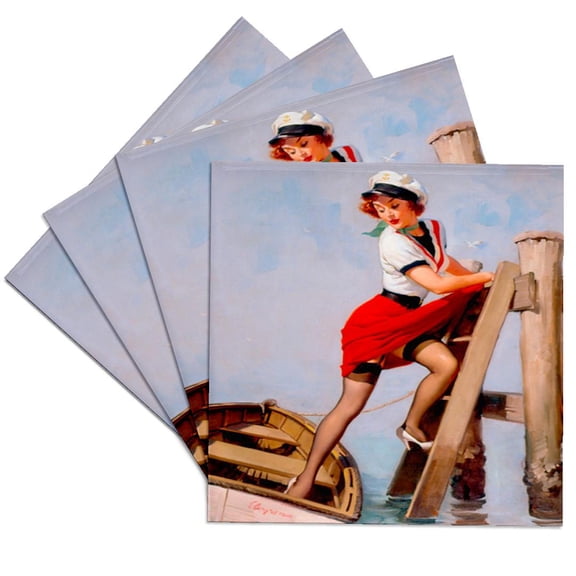 3dRose, image of famous elvgren pinup painting sailor beware, Set of 4 Ceramic Tile Coasters